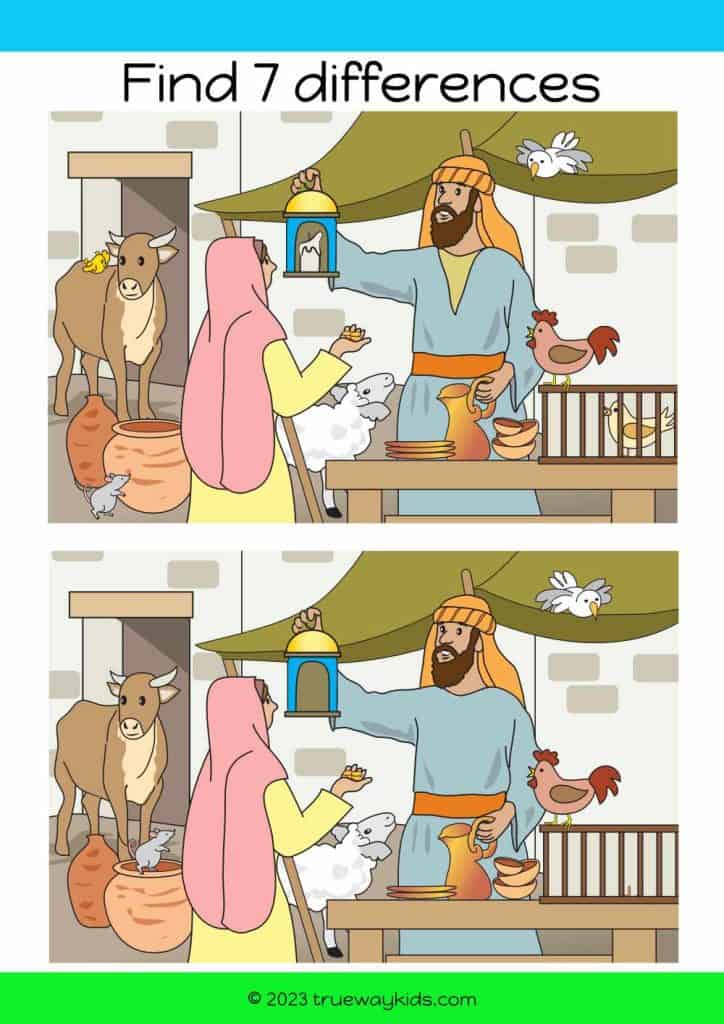 Parable of the hidden treasure spot the difference worksheet. Find 7 difference. Bible worksheet for home or church.