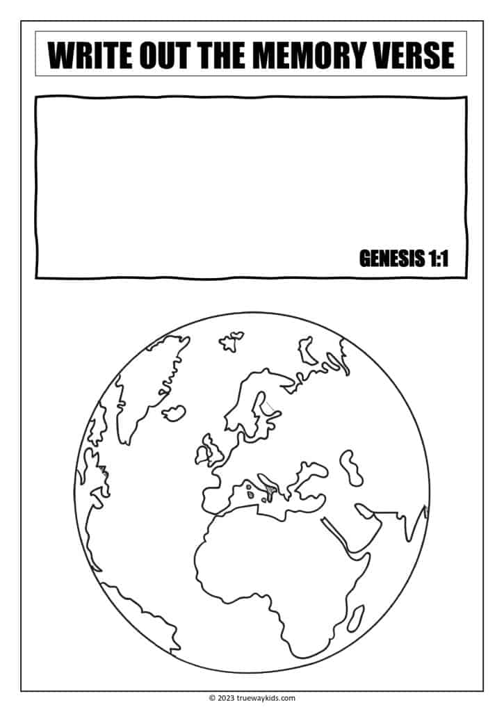 Genesis 1 creation coloring page and memory verse for teens.