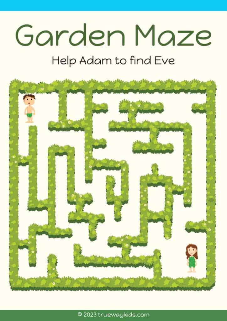 Adam and Eve maze worksheet. free printable worksheet for kids