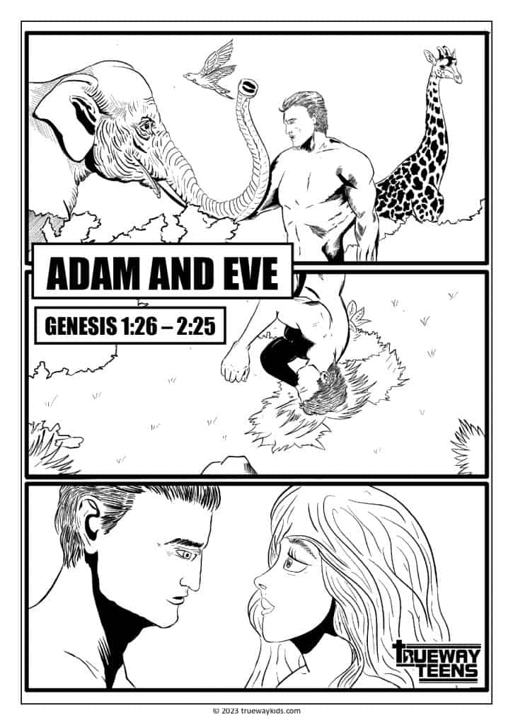 Here's a coloring page for teens featuring Adam and Eve in a comic book style! Perfect for a Teen Bible Study, this coloring page is a great way to get teens engaged in learning about the story of Adam and Eve. 