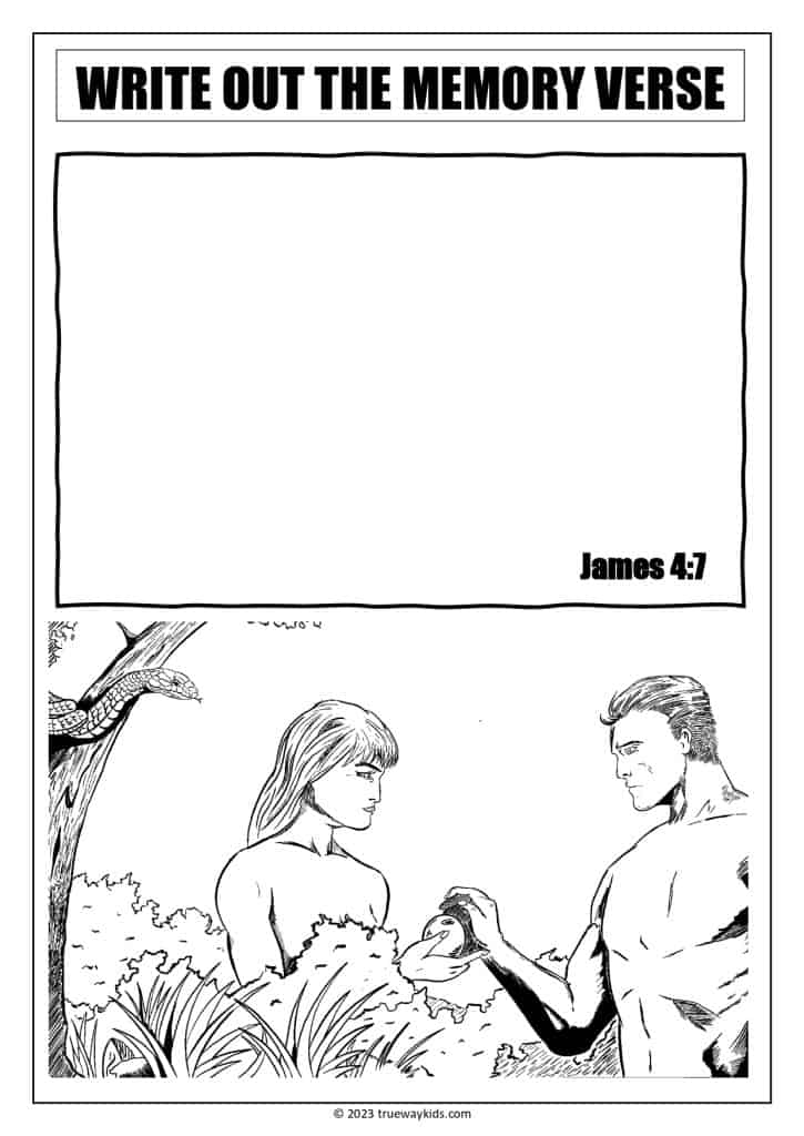 Adam, Eve and the Fall Bible memory verse worksheet on temptation.