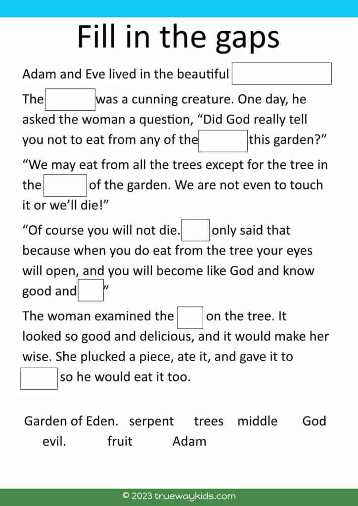 Fill in the missing words. Adam, Eve and the Fall Bible story worksheet for kids