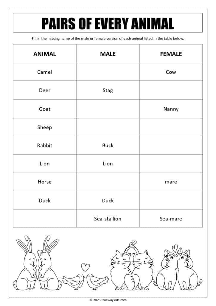 Name the male and female names for animals worksheet for teens