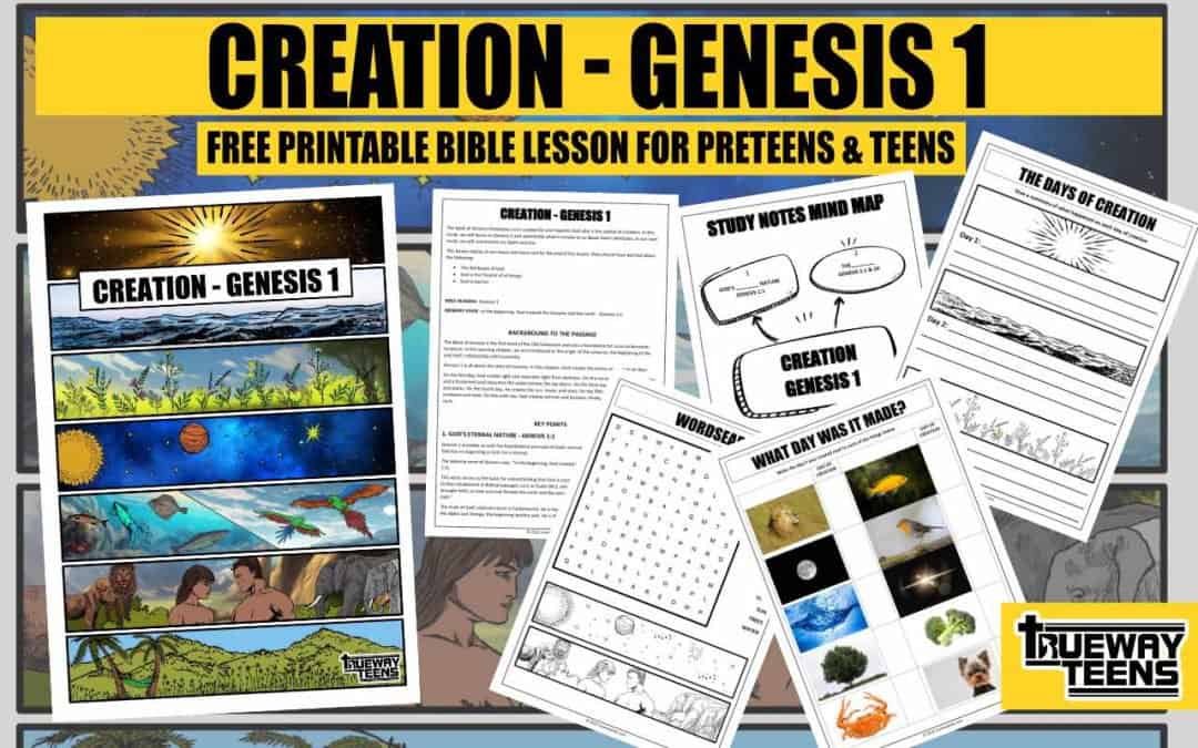 Looking for a Bible lesson on Genesis 1? Look no further! This free printable includes worksheets, study notes, coloring pages, games and more. Perfect for a youth group, church or even a home Bible study.