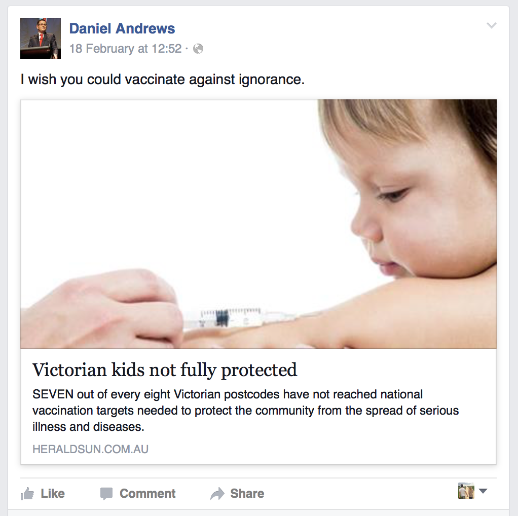 daniel andrews MP vaccinate against ignorance Politicians vs Doctors on Vaccines, Quacks and Hippies on the Internet