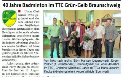 Artikel zum Badminton-Jubiläum in den Südnachrichten