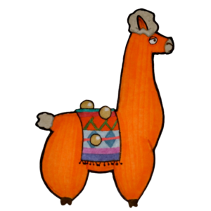 Choclo Orange Alpaka mit weißem Fellbesatz an Kopf und Schwanz, buntem Sattel mit geometrischem Muster und goldenen Glöckchen.