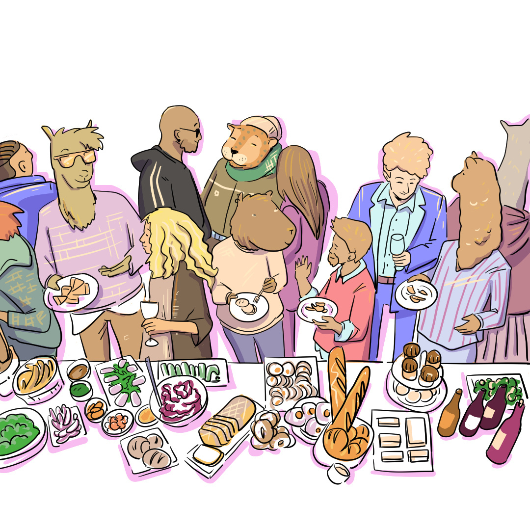 Bunte Illustration einer Party: Menschen und anthropomorphe Tiere am Buffettisch, die Teller mit Gebäck, Brot und Getränken halten.