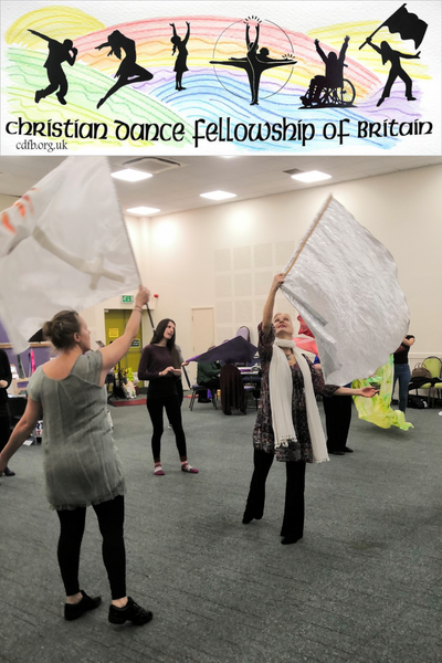 CDFB logo and worship dancers with flags