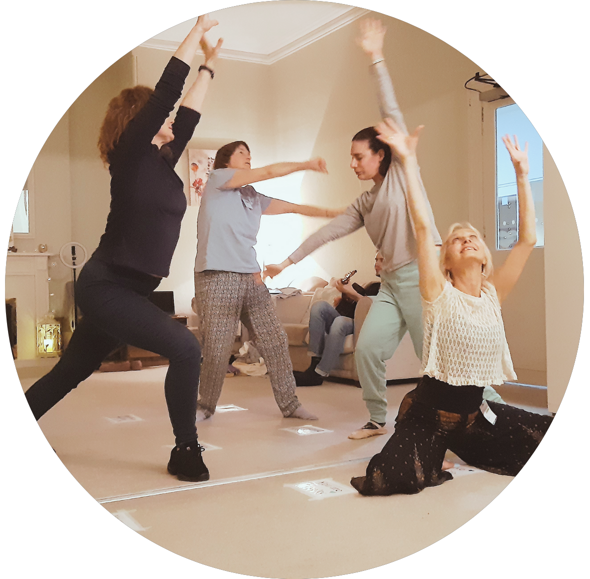 Worship dancers kneeling and standing with hands high