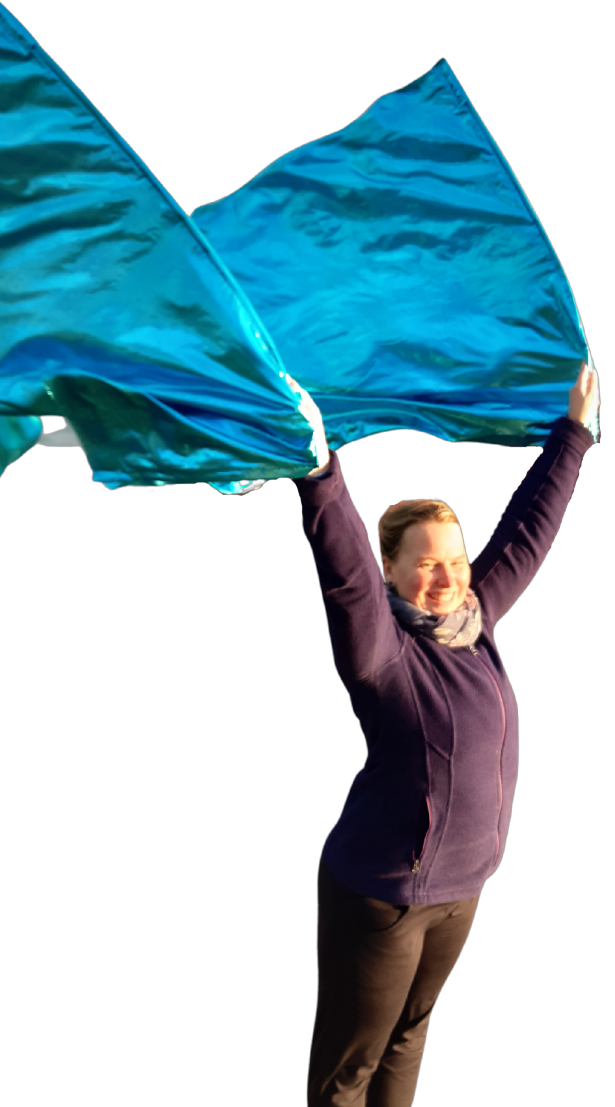 Anna dancing with blue flags