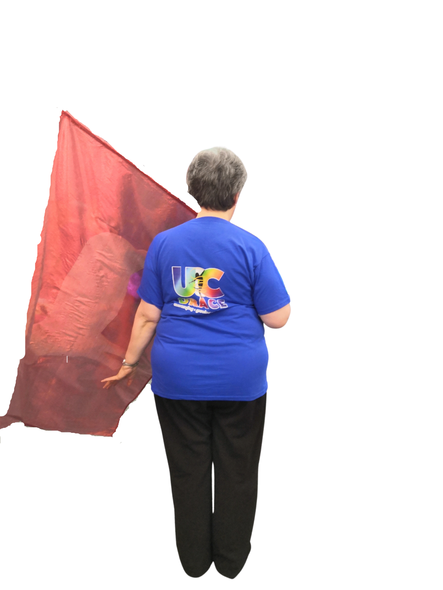 Christian dancer in blue UC Grace tshirt holding red flag