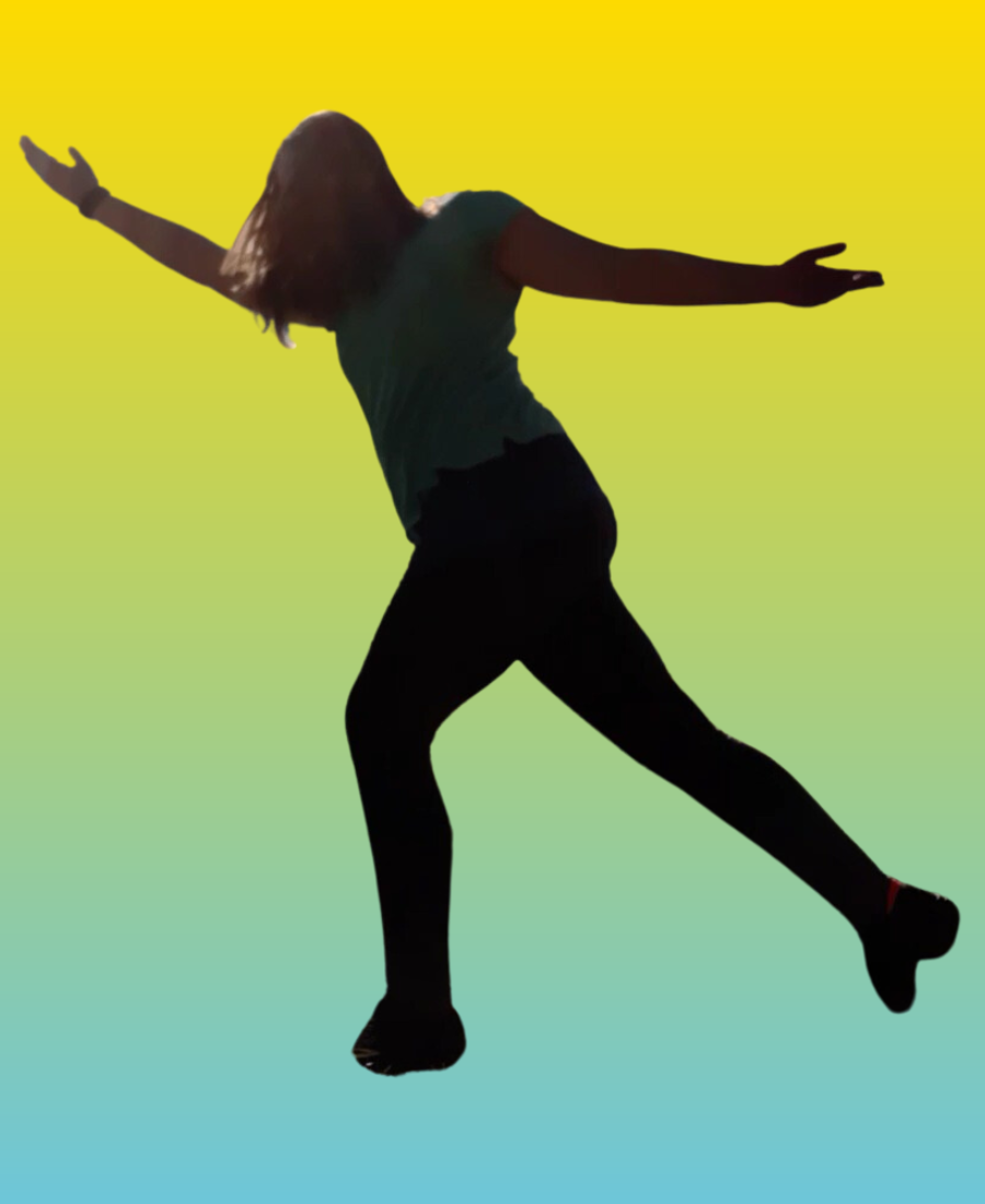 Silhouette image of dancer reaching one arm forward and one leg back on a yellow and blue back ground.