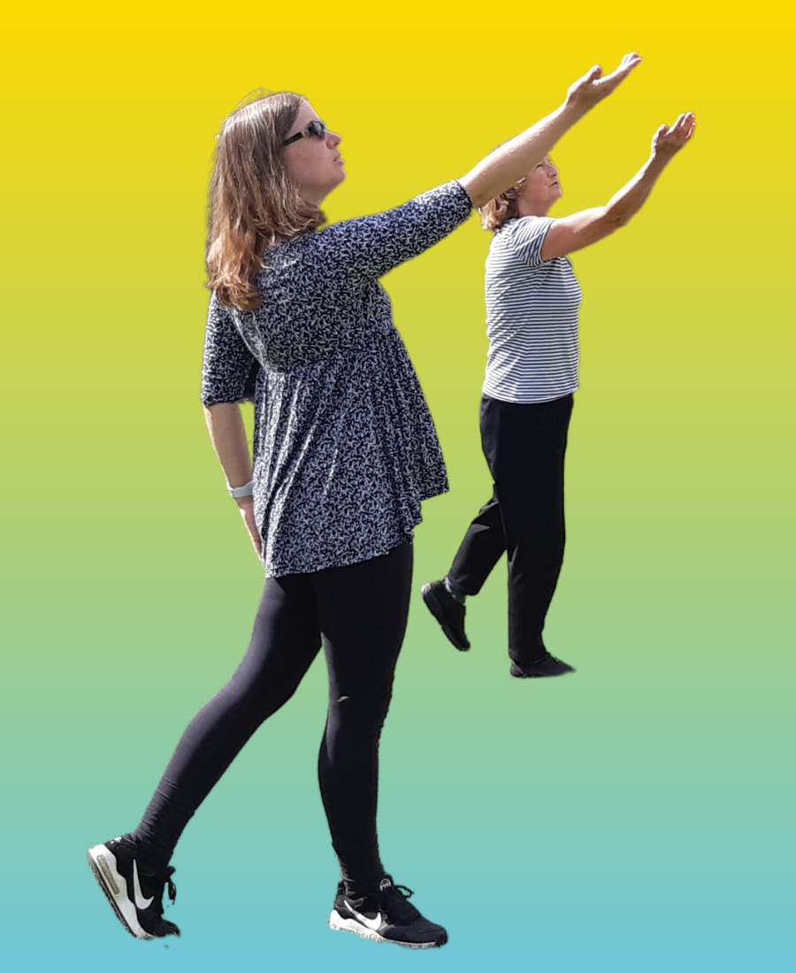Two dancers reaching their arms up into the air on a background of yellow and blue