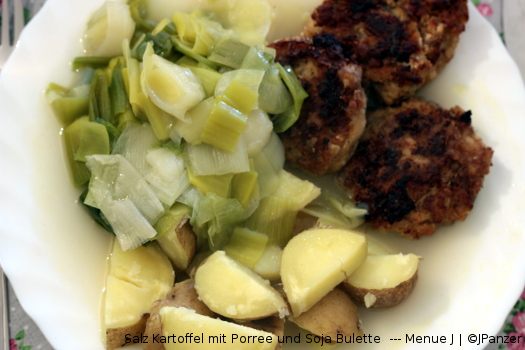 Salz Kartoffel mit Porree und Soja Bulette --- Menü