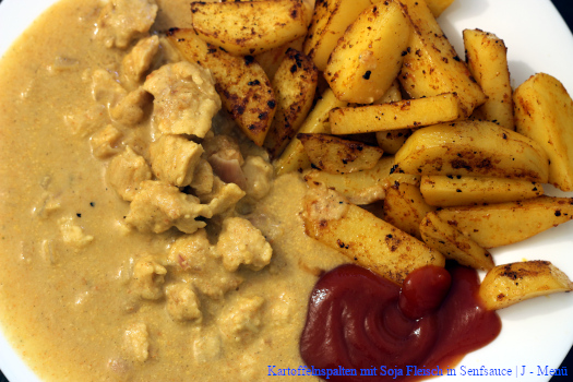 Kartoffelspalten mit Soja Fleisch in Senfsauce | J