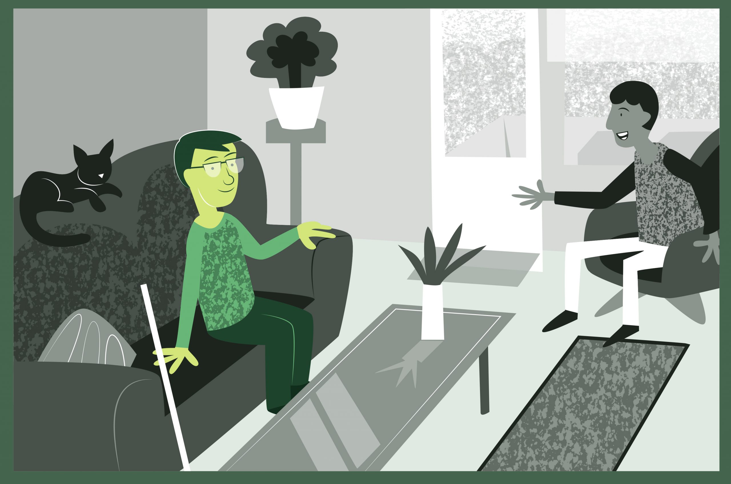En person med synnedsättning sitter i vardagsrumssoffan och pratar med en person som sitter i en fåtölj