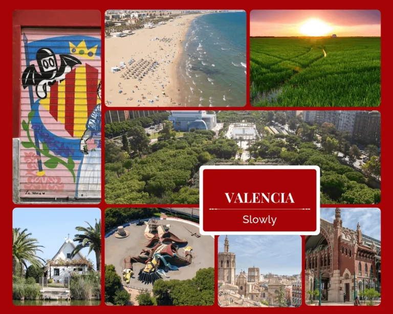 Collage of Valencia highlights: bat street art, beach, rice fields, parks, Gulliver playground, historic buildings and “VALENCIA Slowly” text