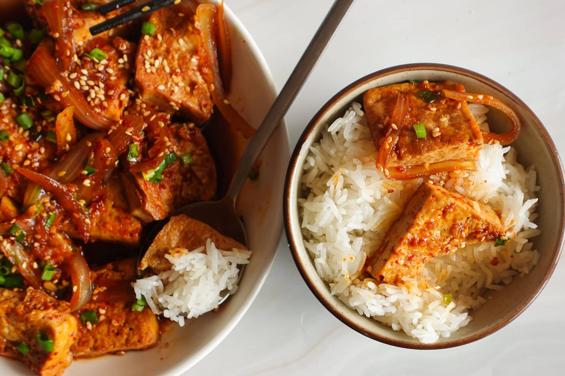 Serve the Korean braised tofu with a bowl of rice