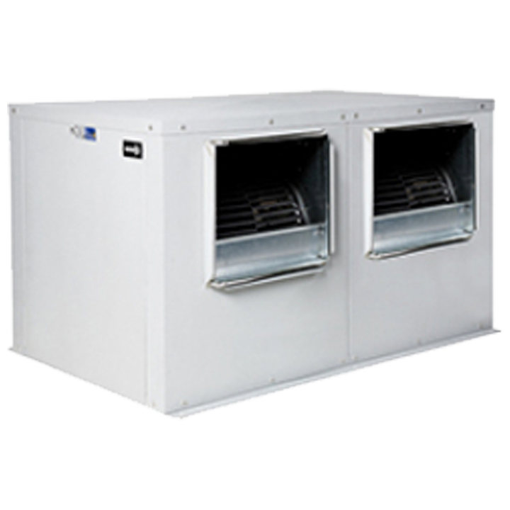 Serie TWIN BOX BD EEC - Lydisoleret boksventilator med 2 stk. interne BD EEC dobbeltsugende centrifugalventilatorer. Ventilatorerne kan køre separat eller samtidig. Boksen er udført i galvaniseret stål med termo-akustisk isolering, brandklasse B-s1,d0. 