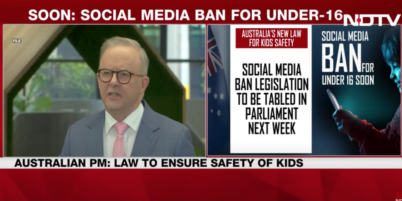 Australiens regering, med premiärminister Anthony Albanese i spetsen (bilden), har lagt fram ett lagförslag som förbjuder sociala medier för barn under 16 år. Foto: Skärmbild (Youtube /NDTV).