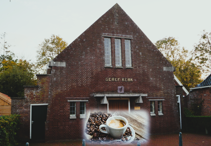 Kerkdienst, koffie drinken voor de dienst, gereformeerde kerk Visvliet