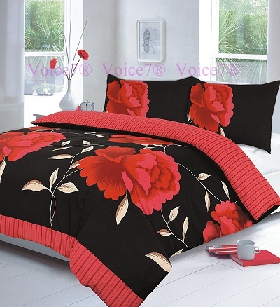 Flowery "ROSALEEN" Red-Black Duvet Cover Set, PolyCotton