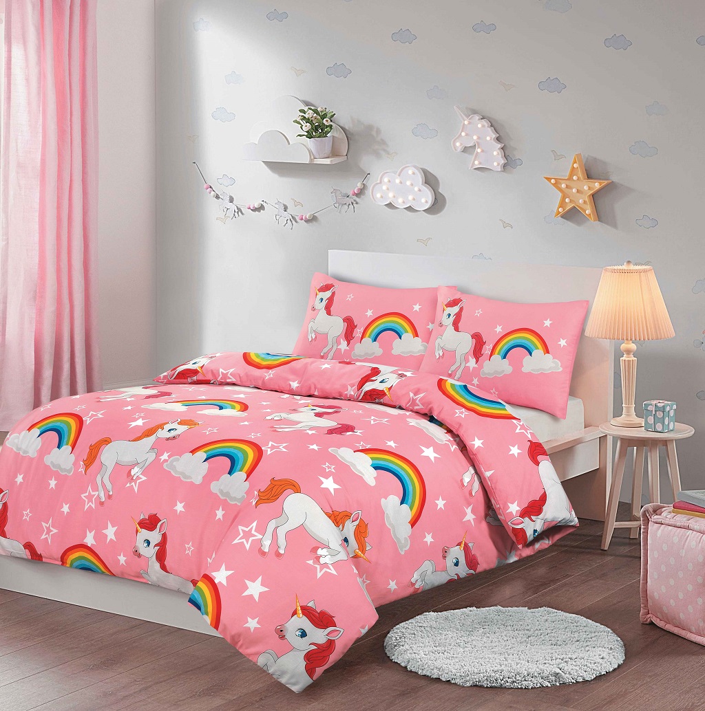 Unicorn Rainbow Duvet Cover Set – Kids Single Double Bed Duvet Cover Sets – Children Bedding for Girls