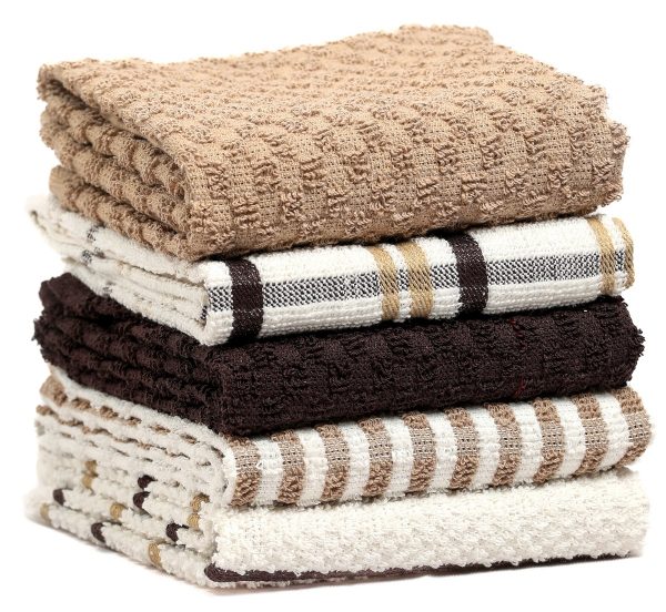 5 Pack Terry Tea Towels Cotton, Kitchen Towels Set Soft Terry Towelling with Popcorn Check Stripe Pattern, Super Absorbent Quick Dry Dishing Cloth Set 3
