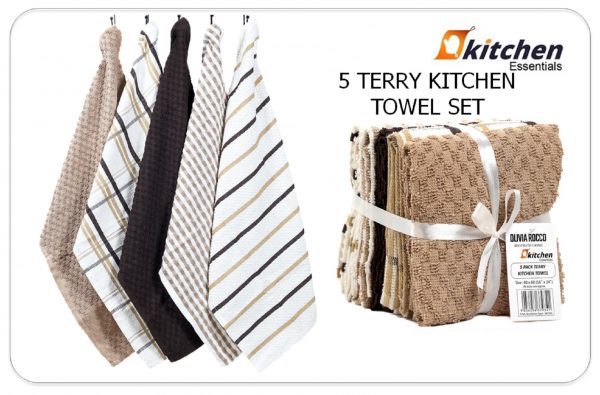 5 Pack Terry Tea Towels Cotton, Kitchen Towels Set Soft Terry Towelling with Popcorn Check Stripe Pattern, Super Absorbent Quick Dry Dishing Cloth Set 2