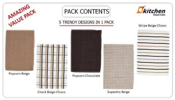 5 Pack Terry Tea Towels Cotton, Kitchen Towels Set Soft Terry Towelling with Popcorn Check Stripe Pattern, Super Absorbent Quick Dry Dishing Cloth Set 9