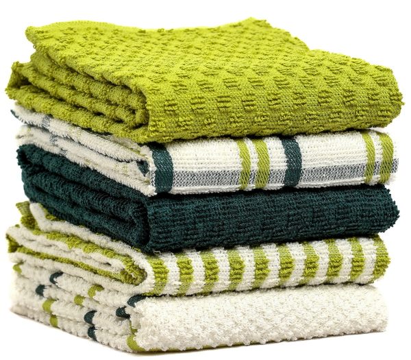 5 Pack Terry Tea Towels Cotton, Kitchen Towels Set Soft Terry Towelling with Popcorn Check Stripe Pattern, Super Absorbent Quick Dry Dishing Cloth Set 8