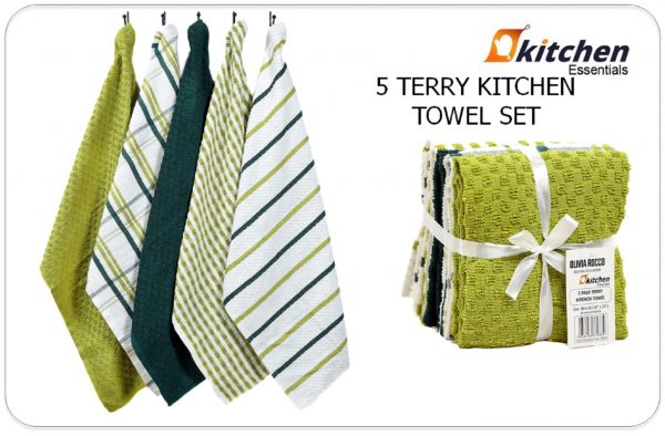 5 Pack Terry Tea Towels Cotton, Kitchen Towels Set Soft Terry Towelling with Popcorn Check Stripe Pattern, Super Absorbent Quick Dry Dishing Cloth Set 7