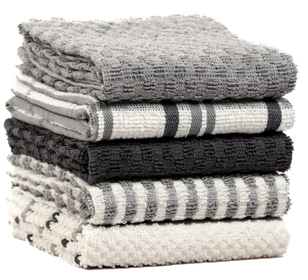 5 Pack Terry Tea Towels Cotton, Kitchen Towels Set Soft Terry Towelling with Popcorn Check Stripe Pattern, Super Absorbent Quick Dry Dishing Cloth Set 1