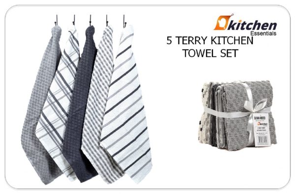 5 Pack Terry Tea Towels Cotton, Kitchen Towels Set Soft Terry Towelling with Popcorn Check Stripe Pattern, Super Absorbent Quick Dry Dishing Cloth Set 5