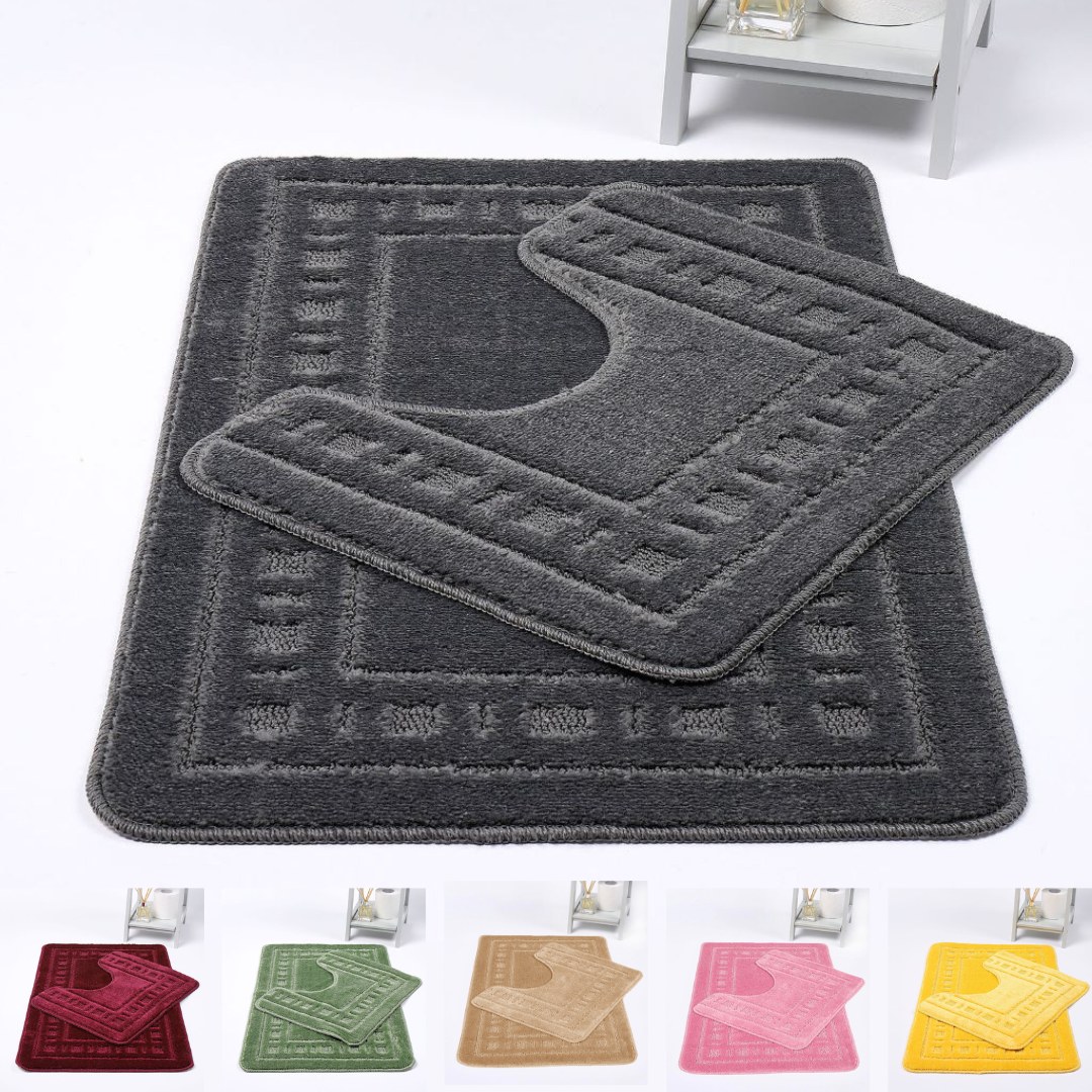Diem Greek Style Bath Mats Set, Square Pattern Bath Mat and Pedestal Sets Washable No Slip Extra Absorbent Toilet Bathroom Rug 2 pcs