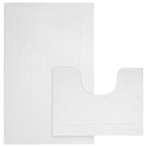 Monaco Plain Dye Rib Style Bath Mat & Pedestal Toilet Mat Set 2 Piece, Non Slip Cotton Bath Mats Set Bathmats for Bathroom Floor Bath Rug Foot Mat