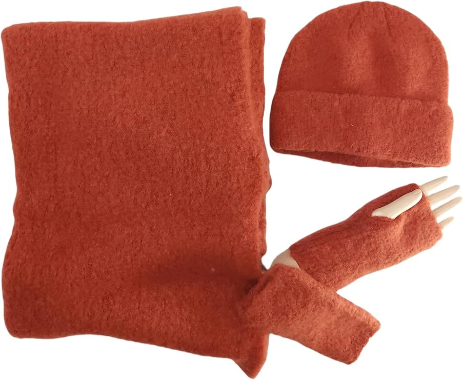 Rust 3 Pcs Women's Plain Boucle Wool Scarf, Hat & Glove Set Knitted Winter Accessories Sets