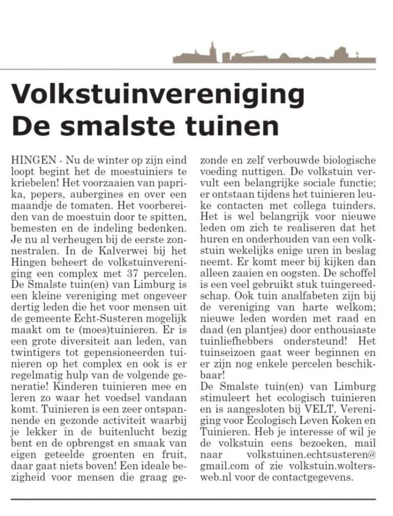 Artikel over de volkstuin in 't Waekblaad 21 februari 2024, nummer 8