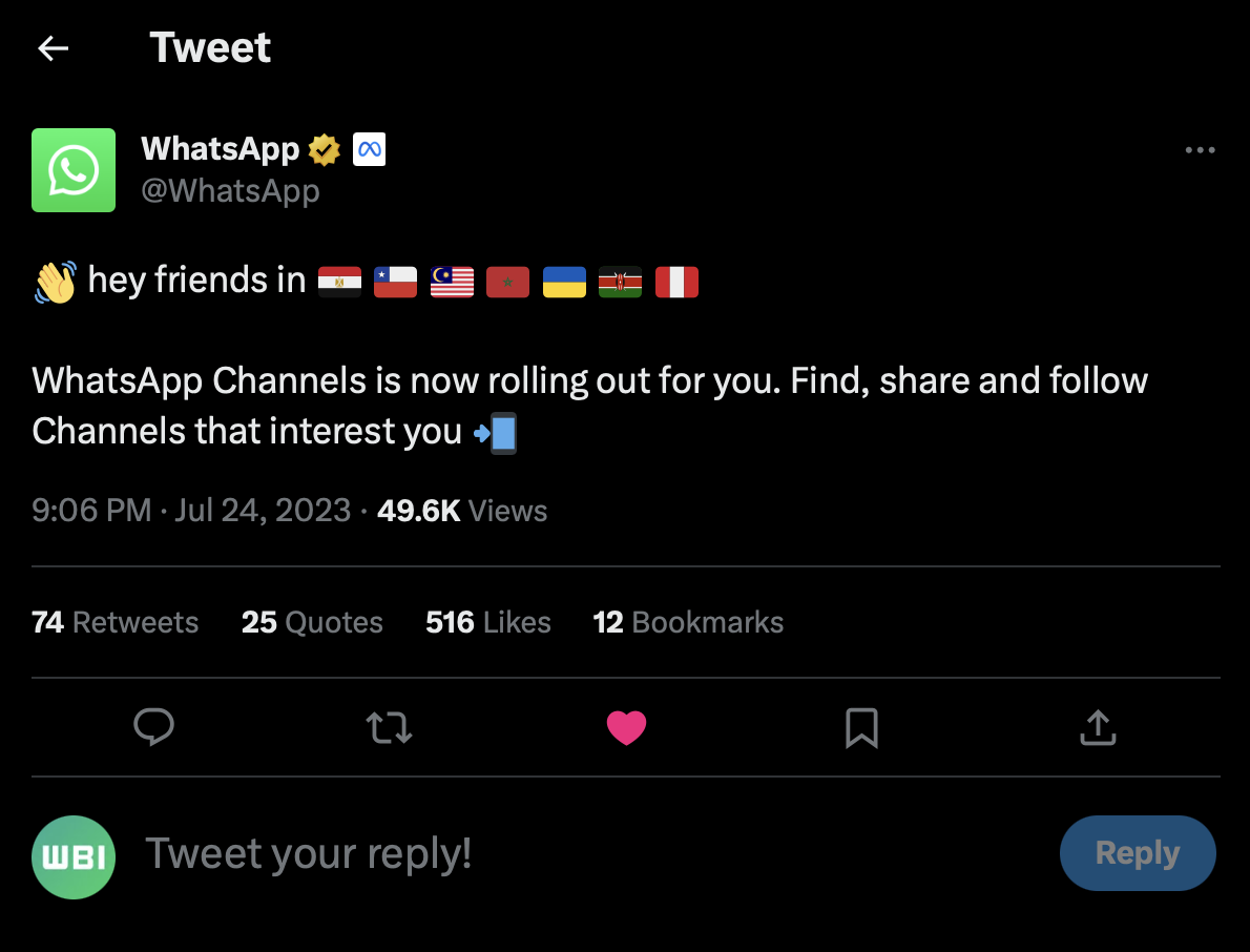 WA CHANNELS NEW COUNTRIES AVAILABLE TWEET ANDROID IOS