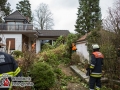 Sturm über Hamburg. In Sasel kippte ein Baum auf ein Einfamilienhaus. Die Feuerwehr musste das Haus von der Baumlast mittels Kettensägen befreien. Foto: Dominick Waldeck