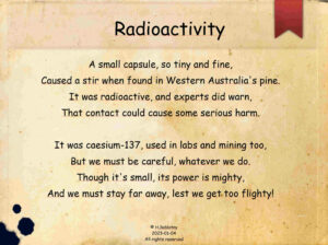 Radioactivity Poem 2023-02-02 A small capsule, so tiny and fine, Caused a stir when found in Western Australia's pine.