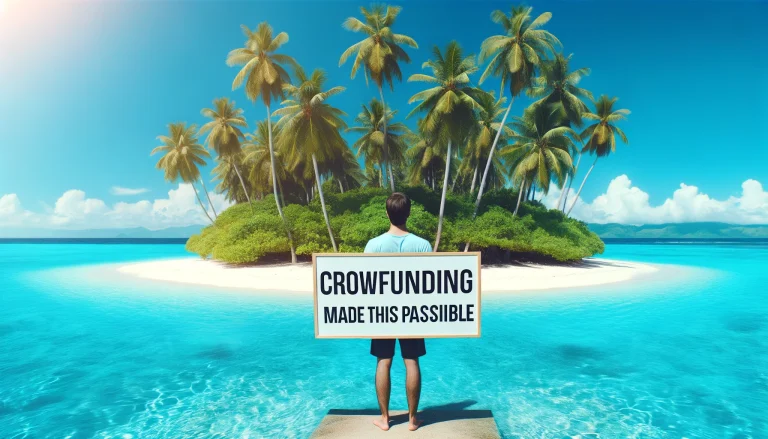 DALL·E 2024-06-03 19.56.35 - A person standing on a tropical island, holding a sign that says 'Crowdfunding Made This Possible'. The scene is picturesque, with palm trees, clear b