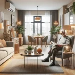 DALL·E 2024-06-12 08.50.02 - A cozy and modern apartment for elderly people, featuring a warm and inviting atmosphere. The living room includes comfortable seating with a sofa and