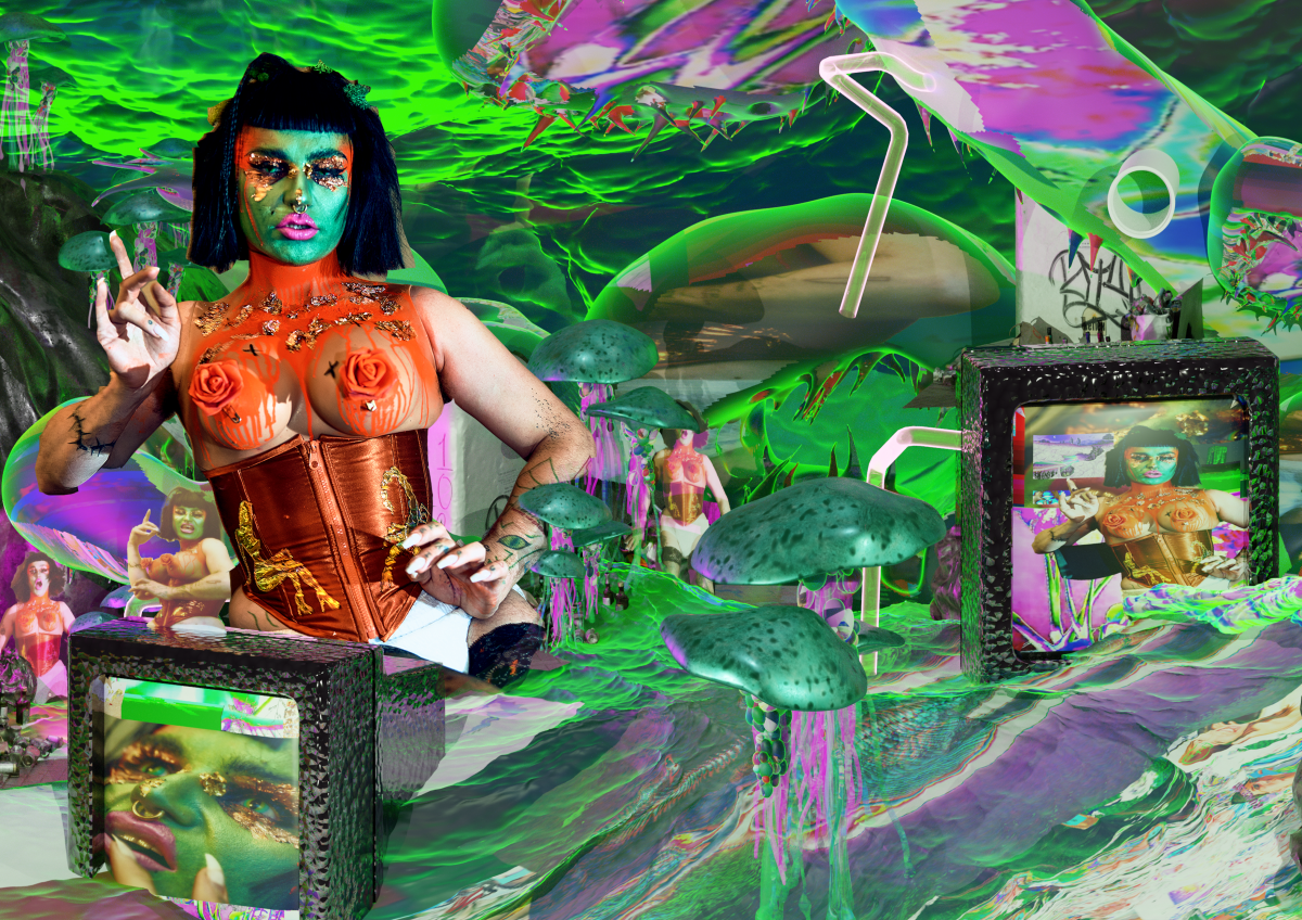 Glitchy flyer image with Gloop made into an android with pasted body parts from different images.