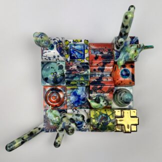 "Four Birds on trees picking on bright Cubee City" Sophie Olive-Kuipers (CH) SOLD