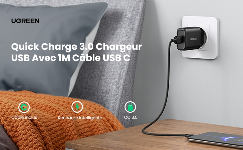 Quick Charge 3.0 USB AC Charger and 1M USB C Cable