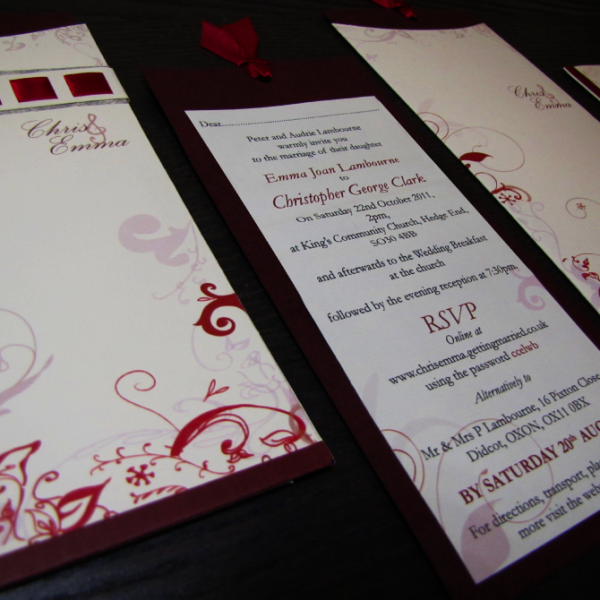 Wedding Stationery - Elegant Swirl Infusion Wedding Stationery Set. Burgundy - pocket style - ribbon feature.