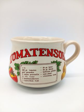 Vintage soepkom met recept tomatensoep (crèmekleurig)