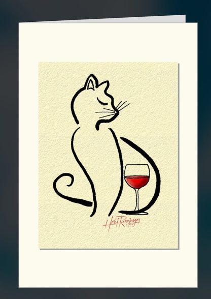 Art Card (wenskaart) Cat with Redwine ©2023 Horst Rosenberger